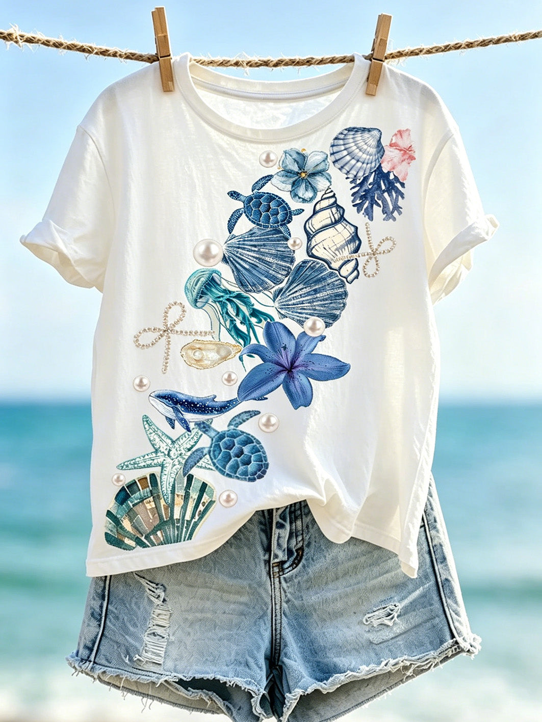 Women's vacation ocean style casual short-sleeve T-shirt