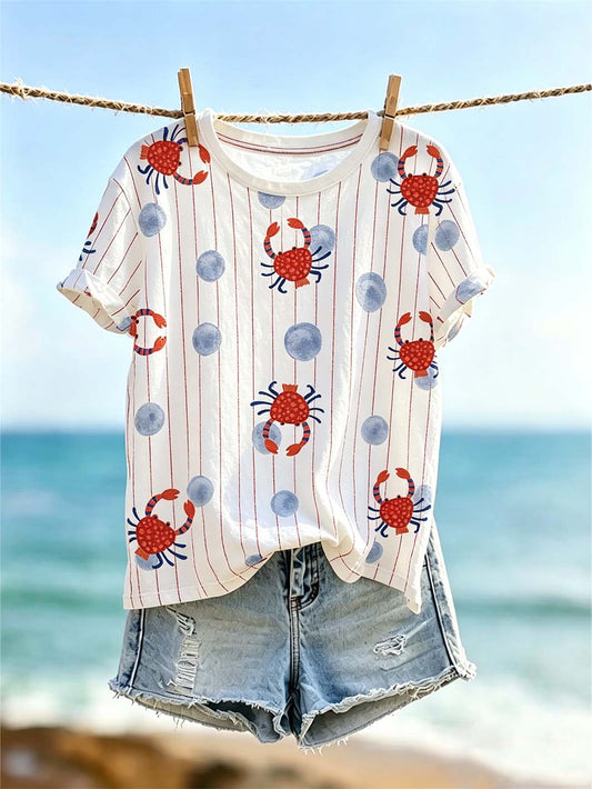 Women's Vacation Ocean Wind Pattern Printed Casual Washed T-shirt