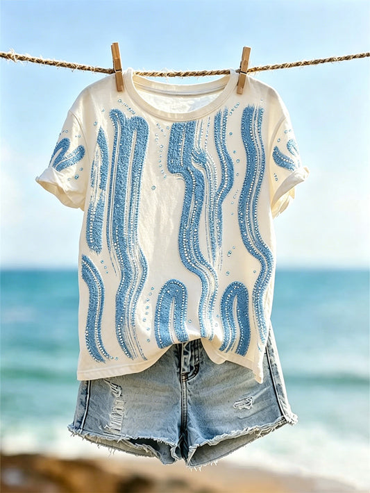 Women's vacation style geometric line pattern printed short-sleeve T-shirt