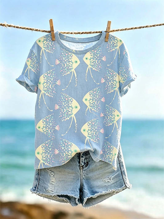 Women's Vacation Ocean Wind Pattern Printed Casual Washed T-shirt