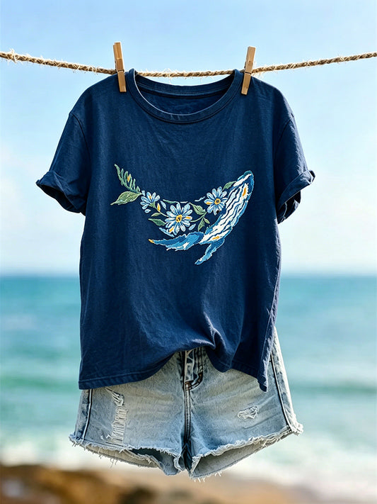 Women's Vintage Ocean Floral Whale Art Print Short-sleeved T-shirt