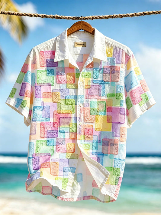 Men's Vacation Style Geometric Pattern Printed Casual Short Sleeve Shirt