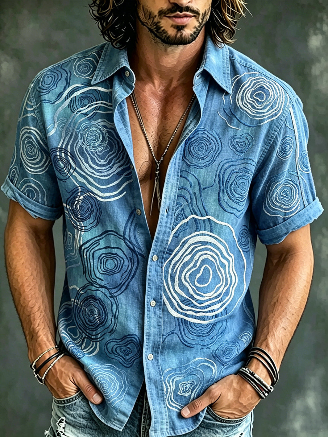 Men's water ripple pattern printed casual short-sleeve shirt
