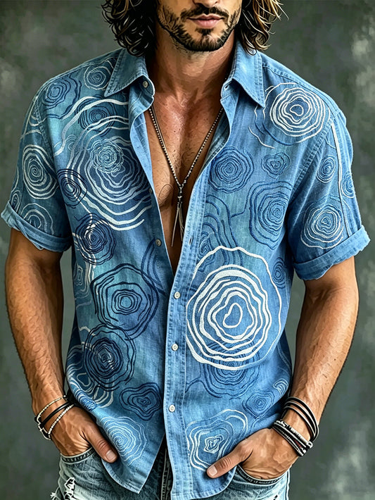 Men's water ripple pattern printed casual short-sleeve shirt