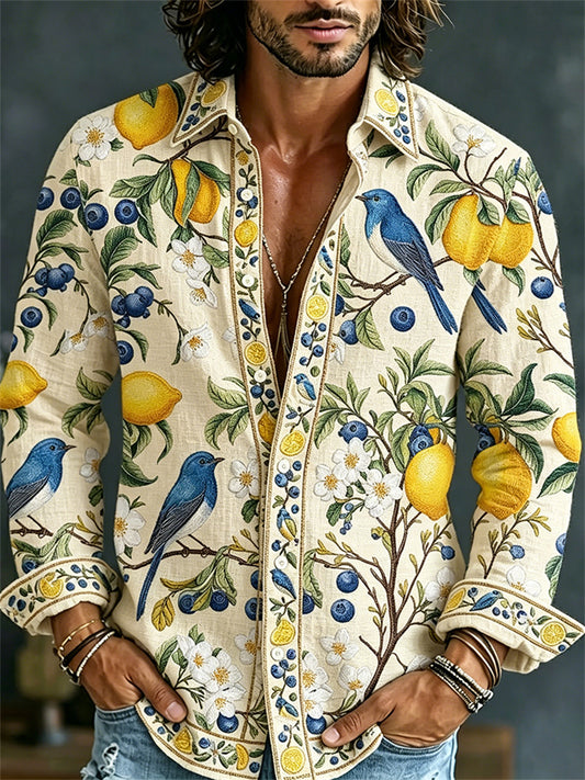 Men's Vintage Birds Botanical Art Print Mediterranean Style Vacation Shirt