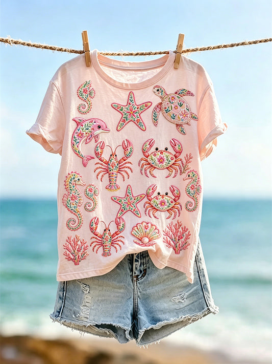 Women's Vintage Pink Ocean Marine Life Print Short-sleeved T-shirt