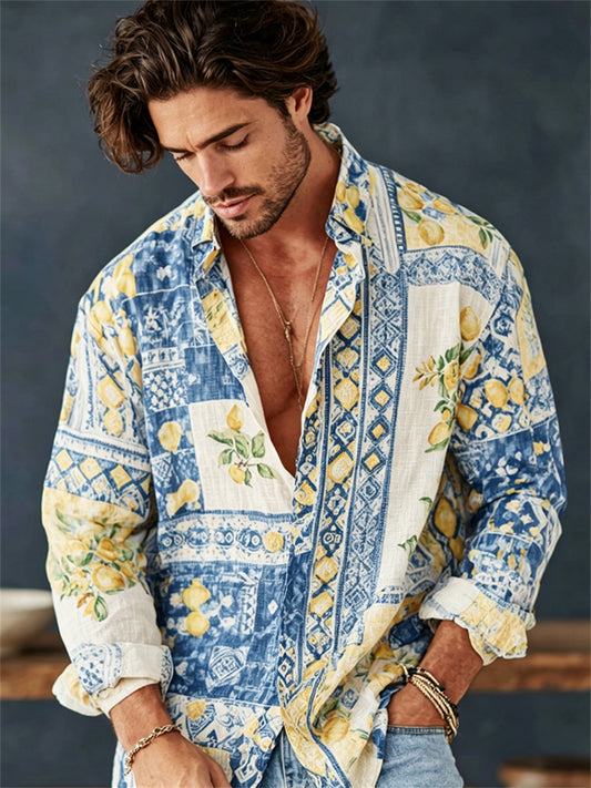 Men's Vintage Lemon Botanical Colorblock Print Vacation Linen Shirt