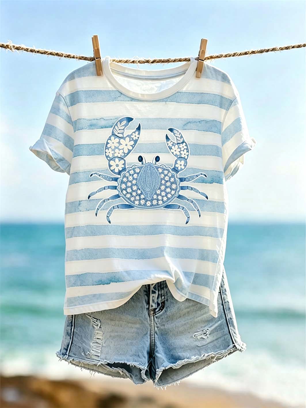 Women's Vacation Ocean Wind Pattern Printed Casual Washed T-shirt