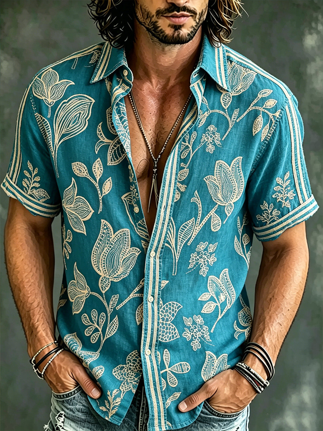Men's Vacation Style Plant Flower Printed Casual Linen Short Sleeve Shirt