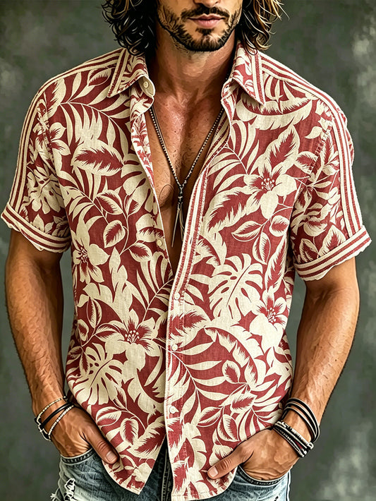 Men's Vacation Style Plant Flower Printed Casual Linen Short Sleeve Shirt