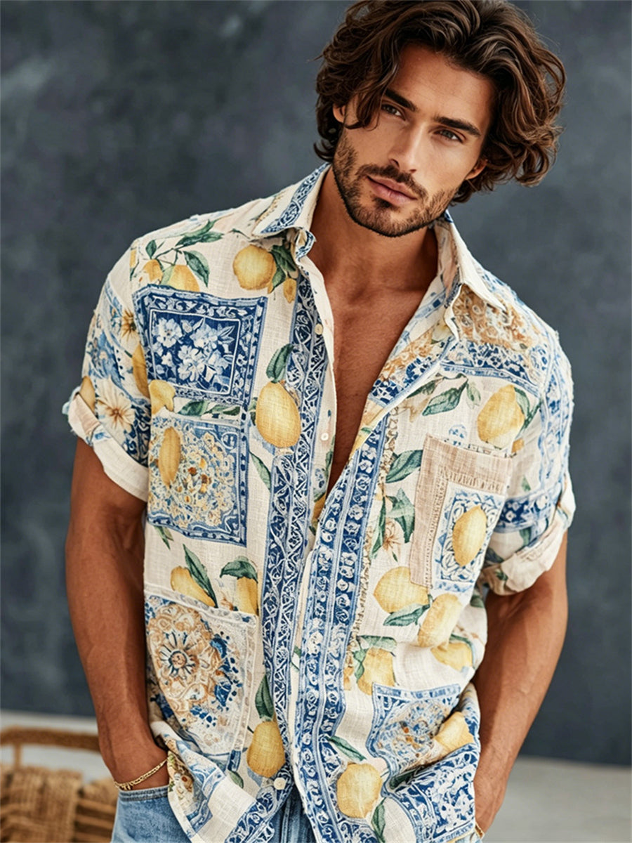 Men's Mediterranean Style Lemon Botanical Print Short Sleeve Shirt
