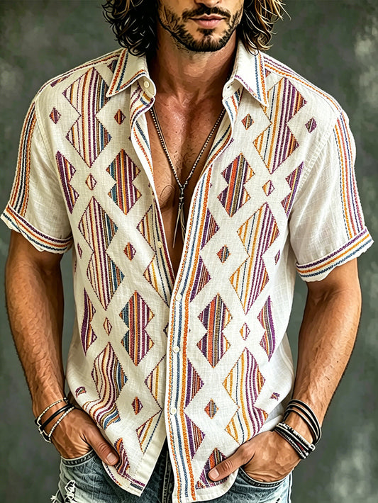 Men's Vacation Style Geometric Pattern Printed Casual Linen Short Sleeve Shirt