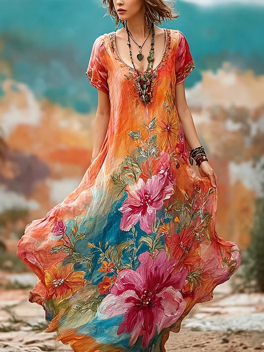 Women's oil painting style vacation and leisure short-sleeved dress