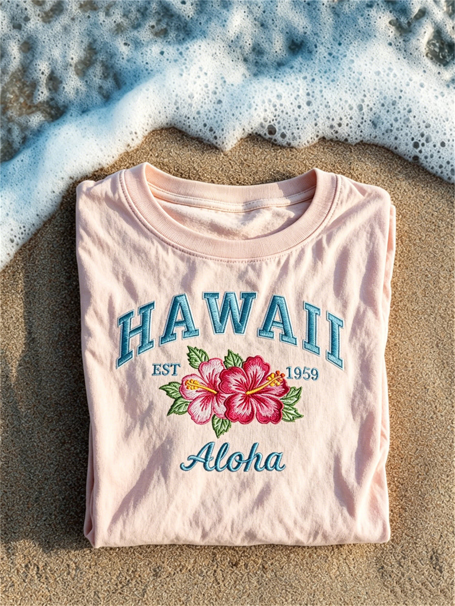 Women's Aloha Hawaii 1959 Hibiscus Flower Print Vacation short-sleeved T-shirt