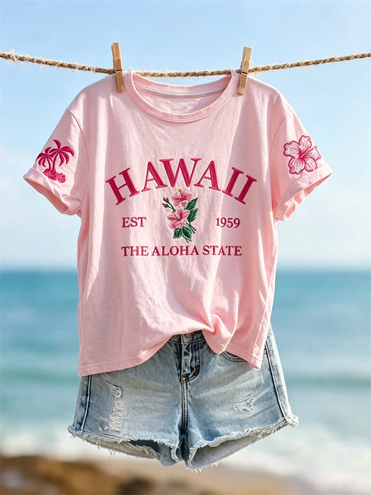 Women's Hawaii the Aloha State Hibiscus & Palm Tree Print Vacation short-sleeved T-shirt