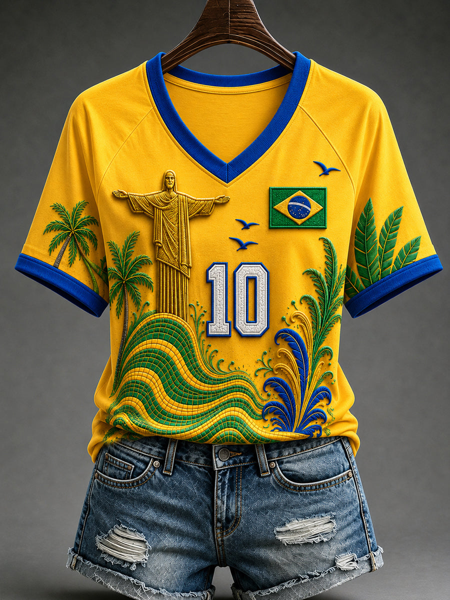 Women's Brazil Football Fan Gift Art Print V-neck Off-shoulder Short Sleeve T-shirt