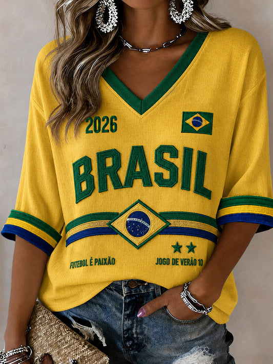 Women's Brazil Football Fan Gift Art Mid-length Sleeves V-Neck T-Shirt