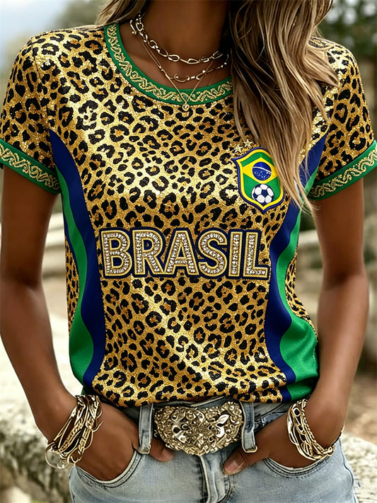 Women's Brasil Football Leopard Flag Colorblock Print short-sleeved T-shirt