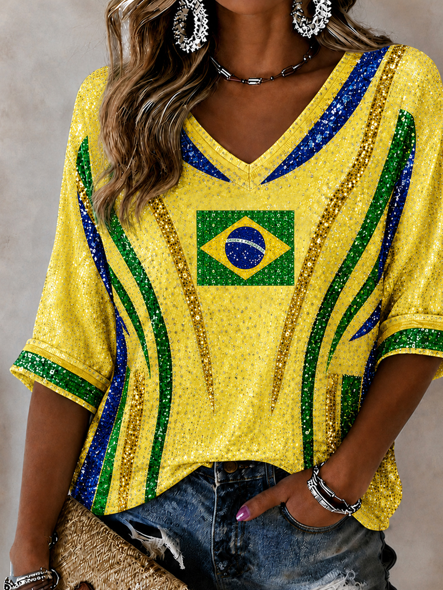 Women's Brazil Football Fan Gift Art Mid-length Sleeves V-Neck T-Shirt