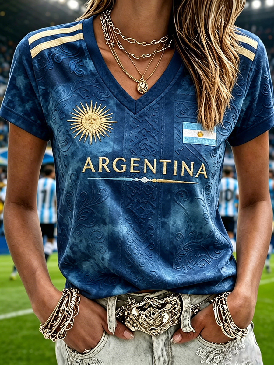 Women's Argentina Football Inspired Pattern Print Short-sleeved T-shirt