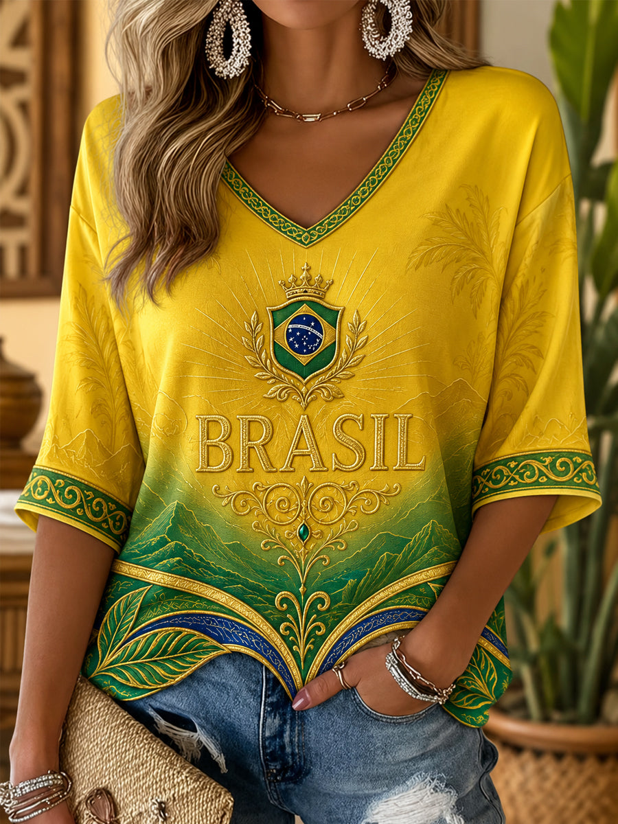 Women's Brasil Print Casual Half-Sleeves V-Neck T-Shirt