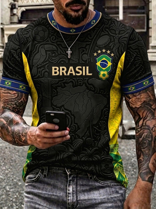 Men's Brazilian Football Inspired Pattern Print Short Sleeves T-shirt