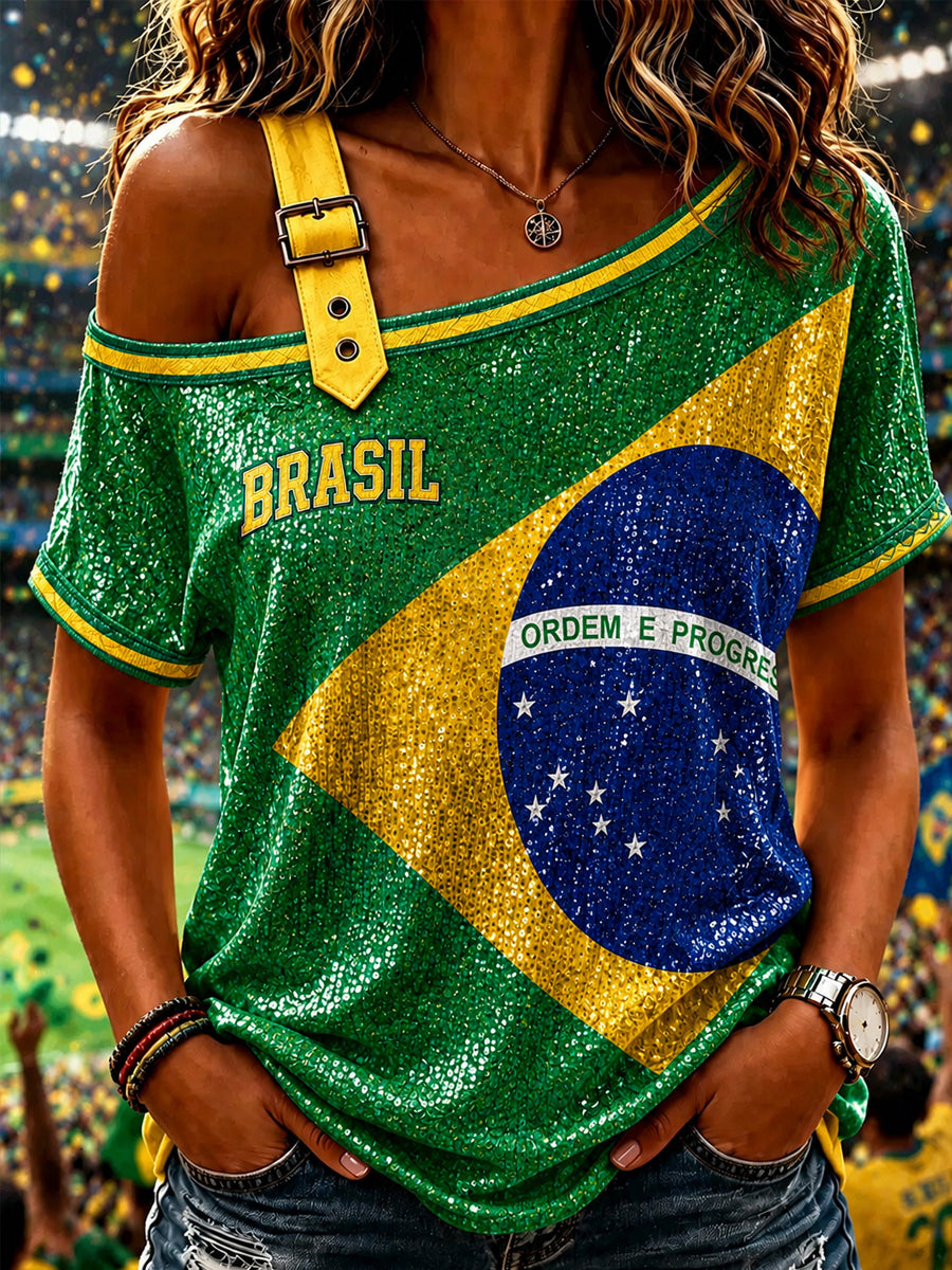 Women's Brazil Football Fan Gift Art Print  Off-the-Shoulder Short-Sleeve T-Shirt