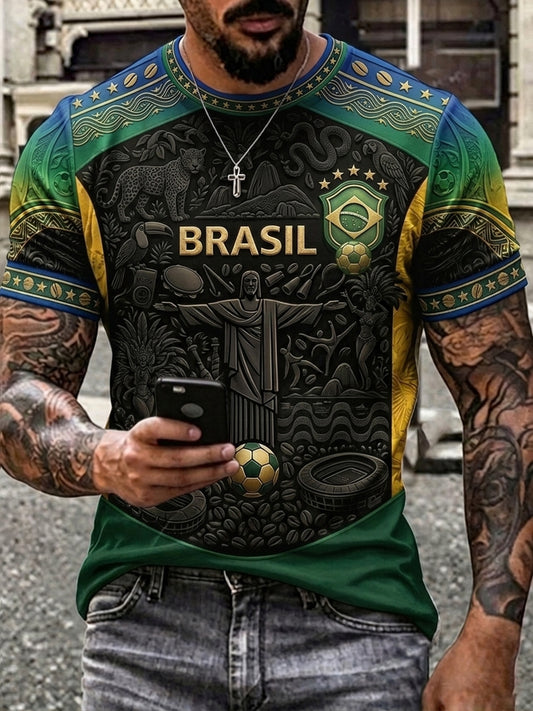 Men's Brazilian Football Inspired Pattern Print Short Sleeves T-shirt