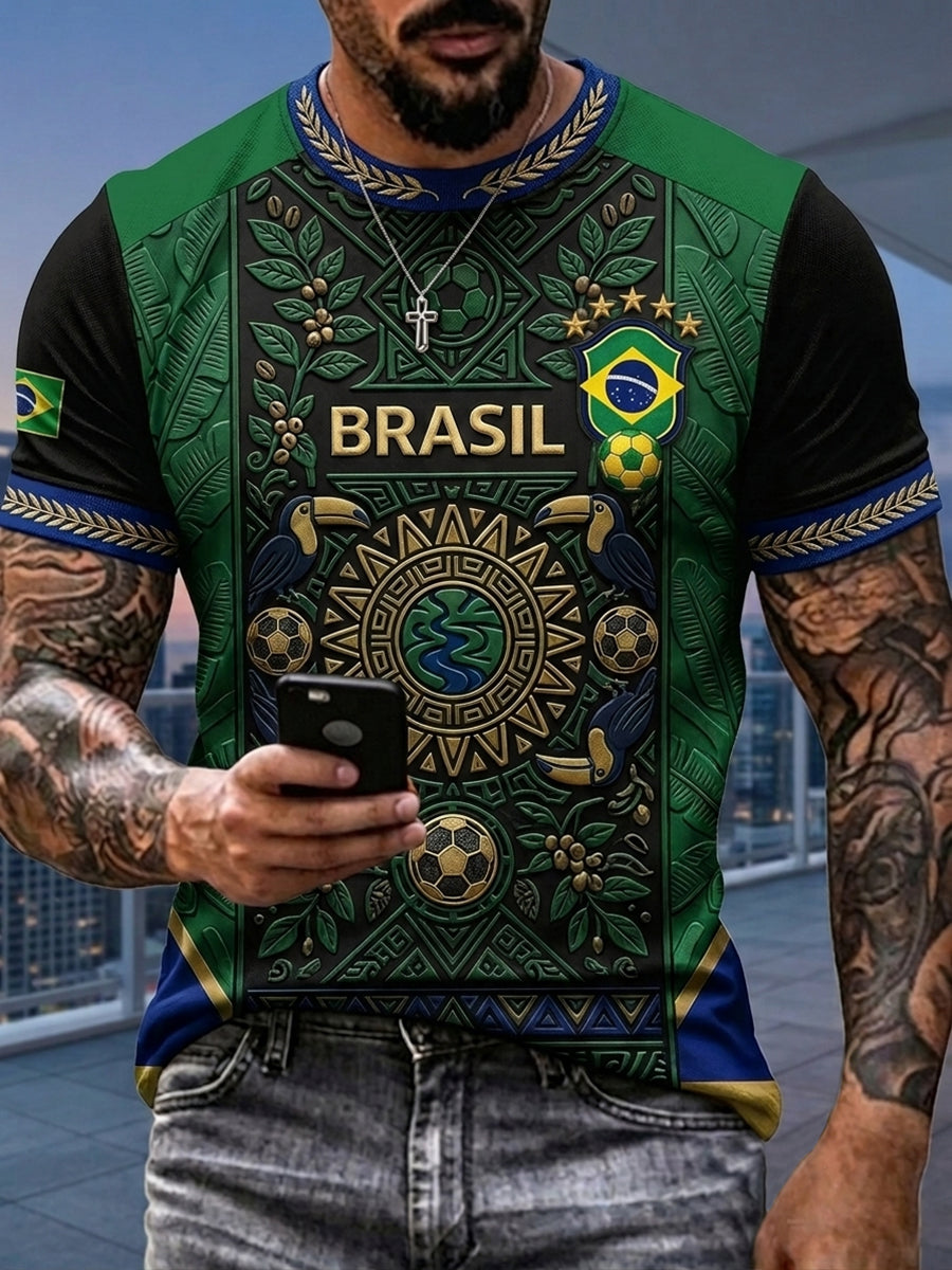 Men's Brazilian Football Inspired Pattern Print Short Sleeves T-shirt