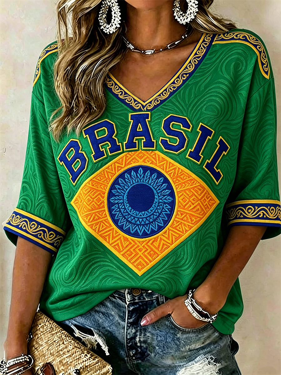 Women's Brasil Football Leaves Ethnic Flag Colorblock Print Mid-length Sleeves V-Neck T-Shirt