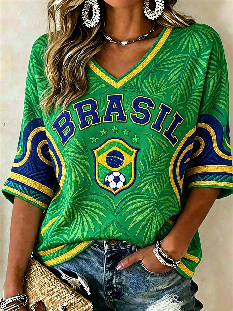 Women's Brasil Football Leaves Flag Colorblock Print Mid-length Sleeves V-Neck T-Shirt