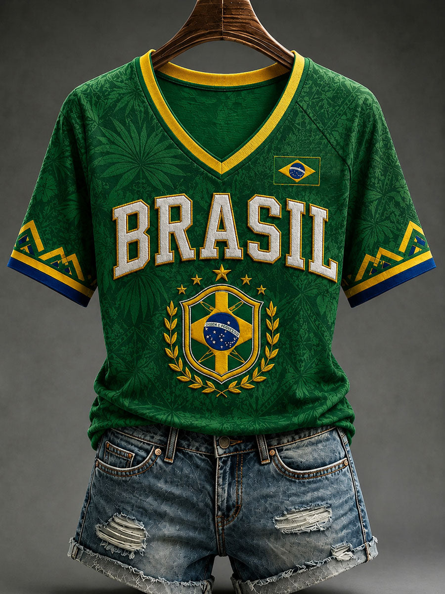 Women's Brazil Football Fan Gift Art Print V-neck Off-shoulder Short Sleeve T-shirt