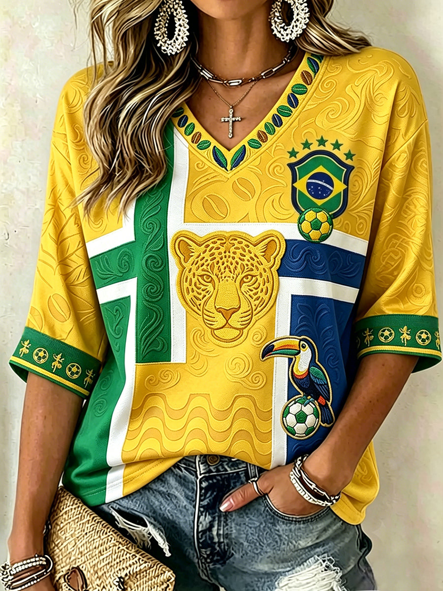 Women's Brazilian Football Fan Mid-length Sleeves V-Neck T-Shirt