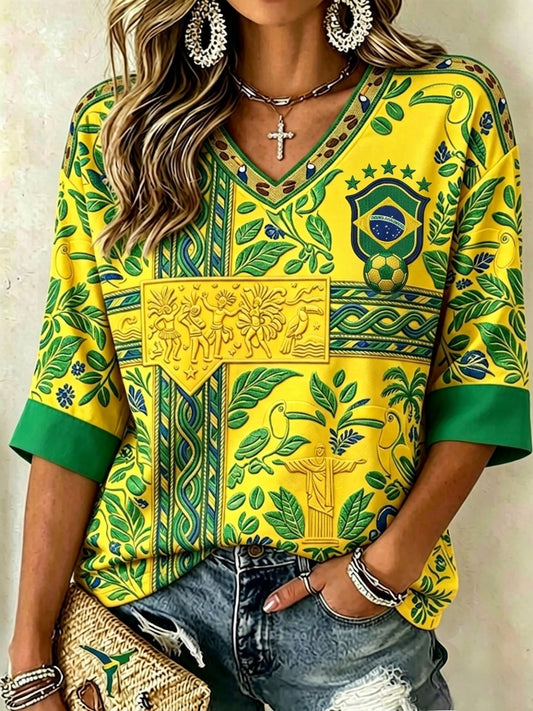Women's Brazilian Football Inspired Print Mid-length Sleeves V-Neck T-Shirt