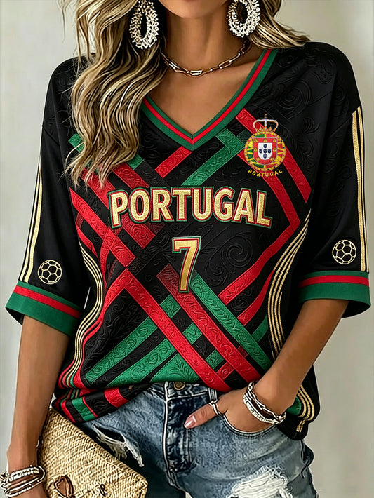 Women's Color-blocking Design Football Element Casual Mid-length Sleeves V-Neck T-Shirt