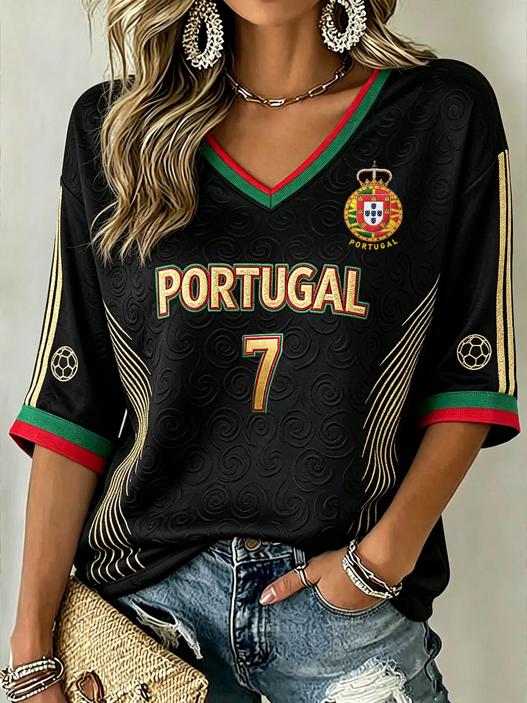 Women's Color-blocking Design Football Element Casual Mid-length Sleeves V-Neck T-Shirt