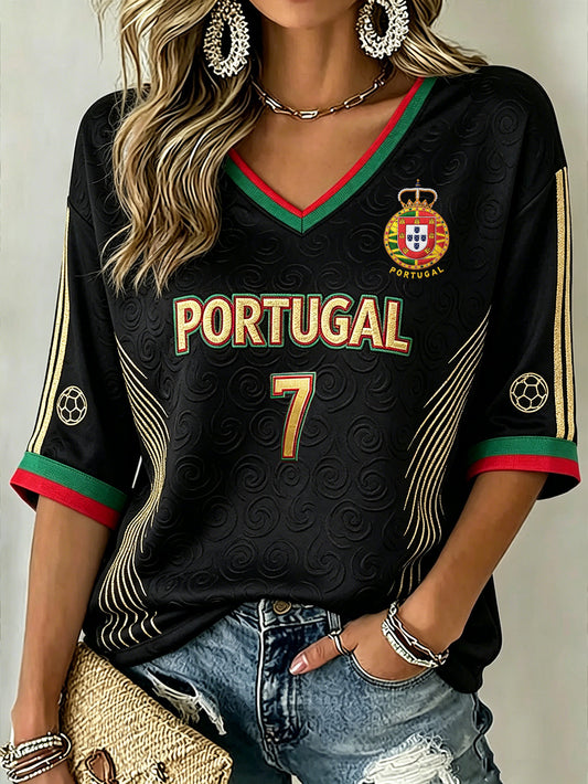 Women's Color-blocking Design Football Element Casual Mid-length Sleeves V-Neck T-Shirt
