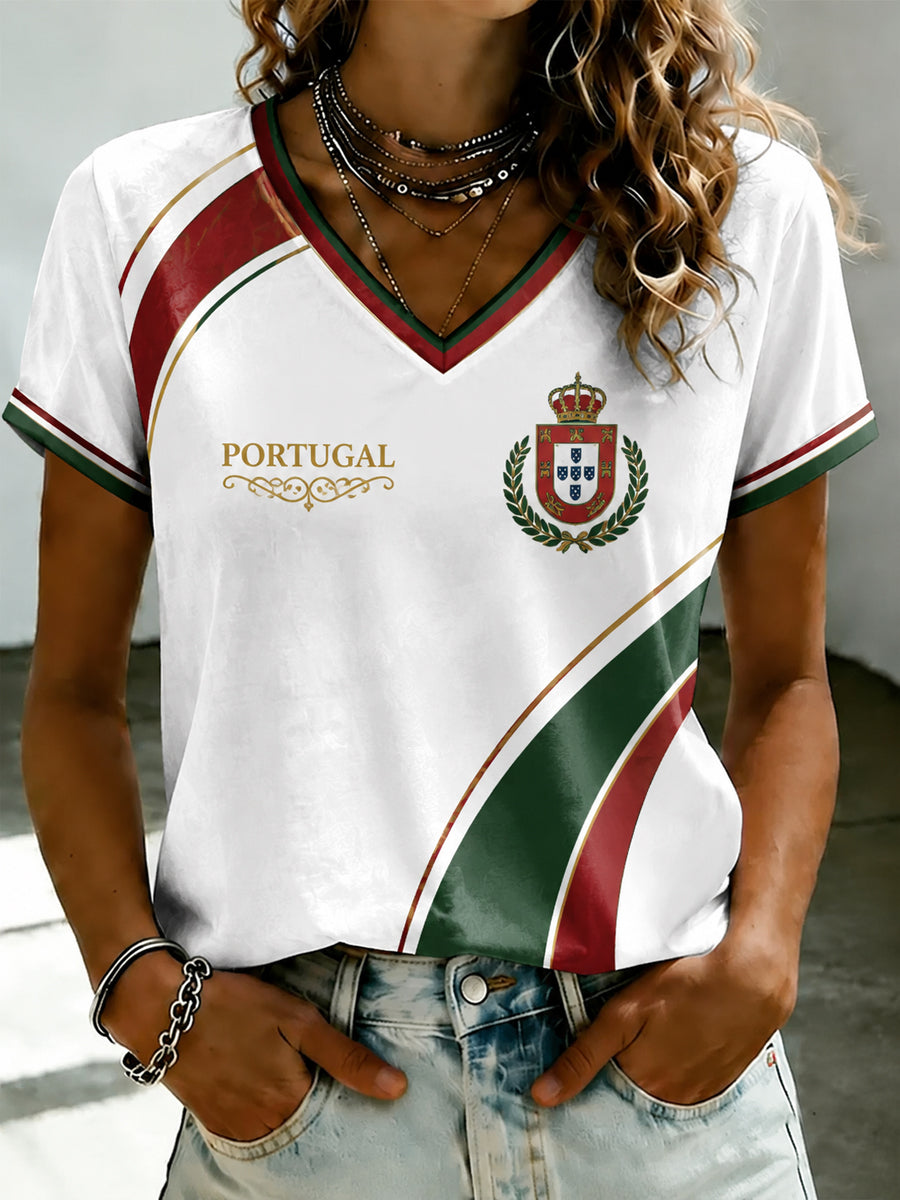 Women's Portuguese Football Printed V-neck T-shirt