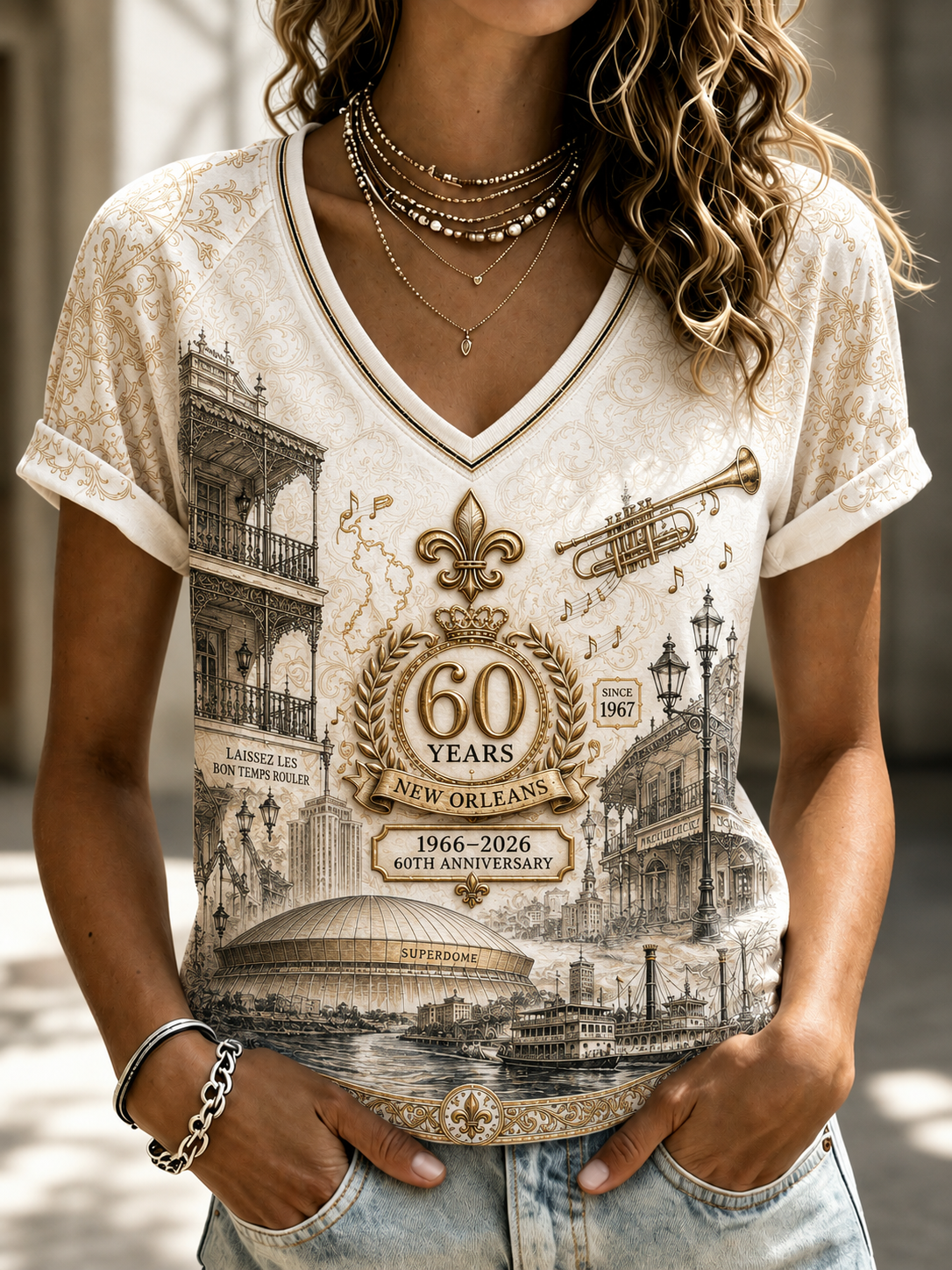 Women's New Orleans Saints V-Neck Off-Shoulder Short-Sleeved T-Shirt