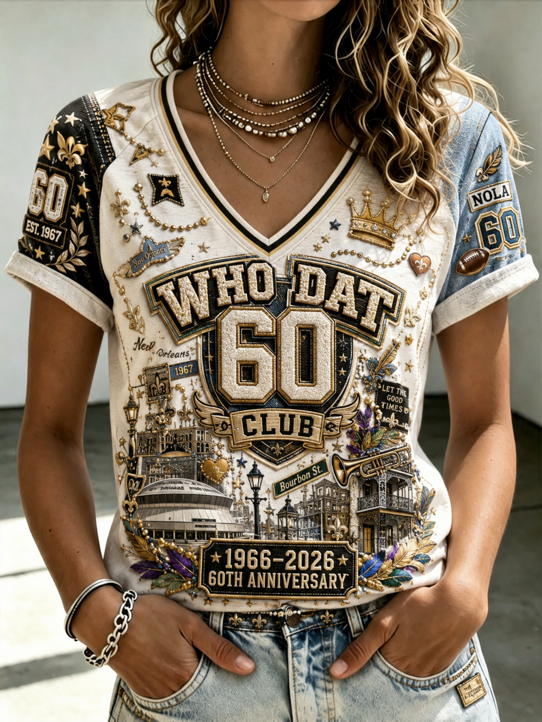 Women's New Orleans Saints V-Neck Off-Shoulder Short-Sleeved T-Shirt