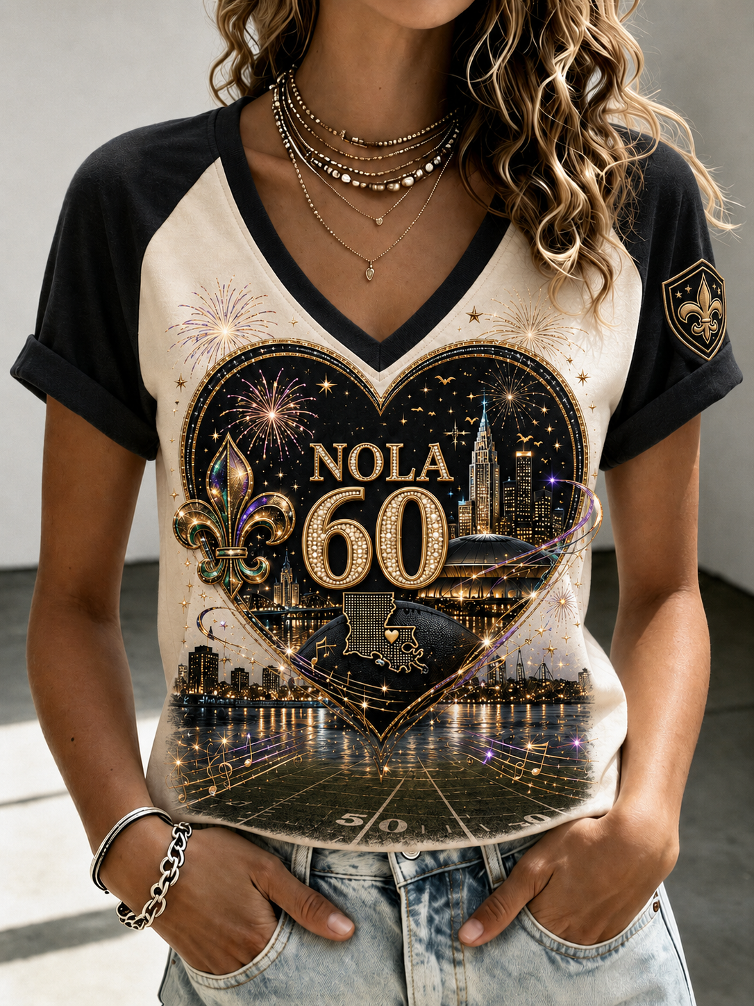 Women's New Orleans Saints V-Neck Off-Shoulder Short-Sleeved T-Shirt