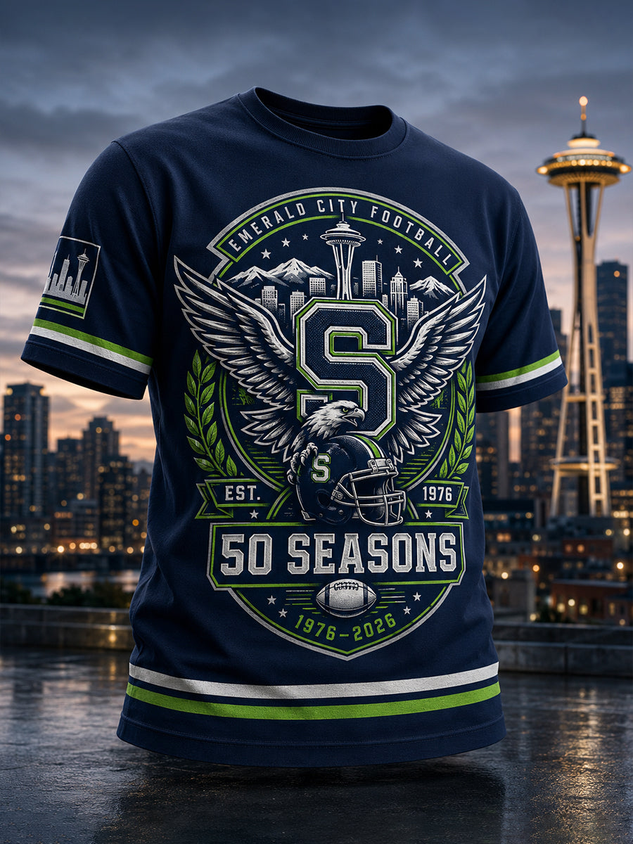 Men's Seattle Seahawks 50th Anniversary Art Print T-Shirt