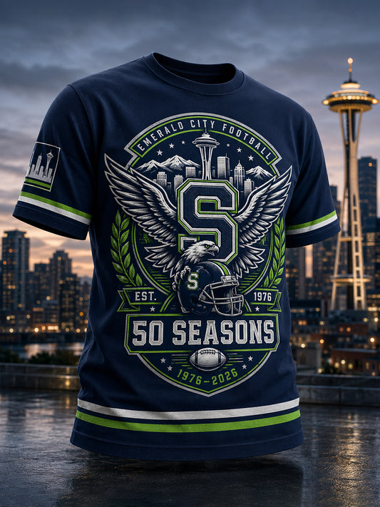 Men's Seattle Seahawks 50th Anniversary Art Print T-Shirt