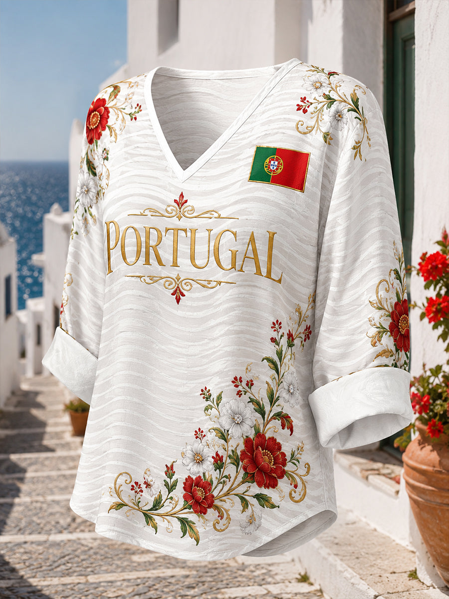 Women's Portuguese Football Match Cheering Element Art Print V-Neck Top