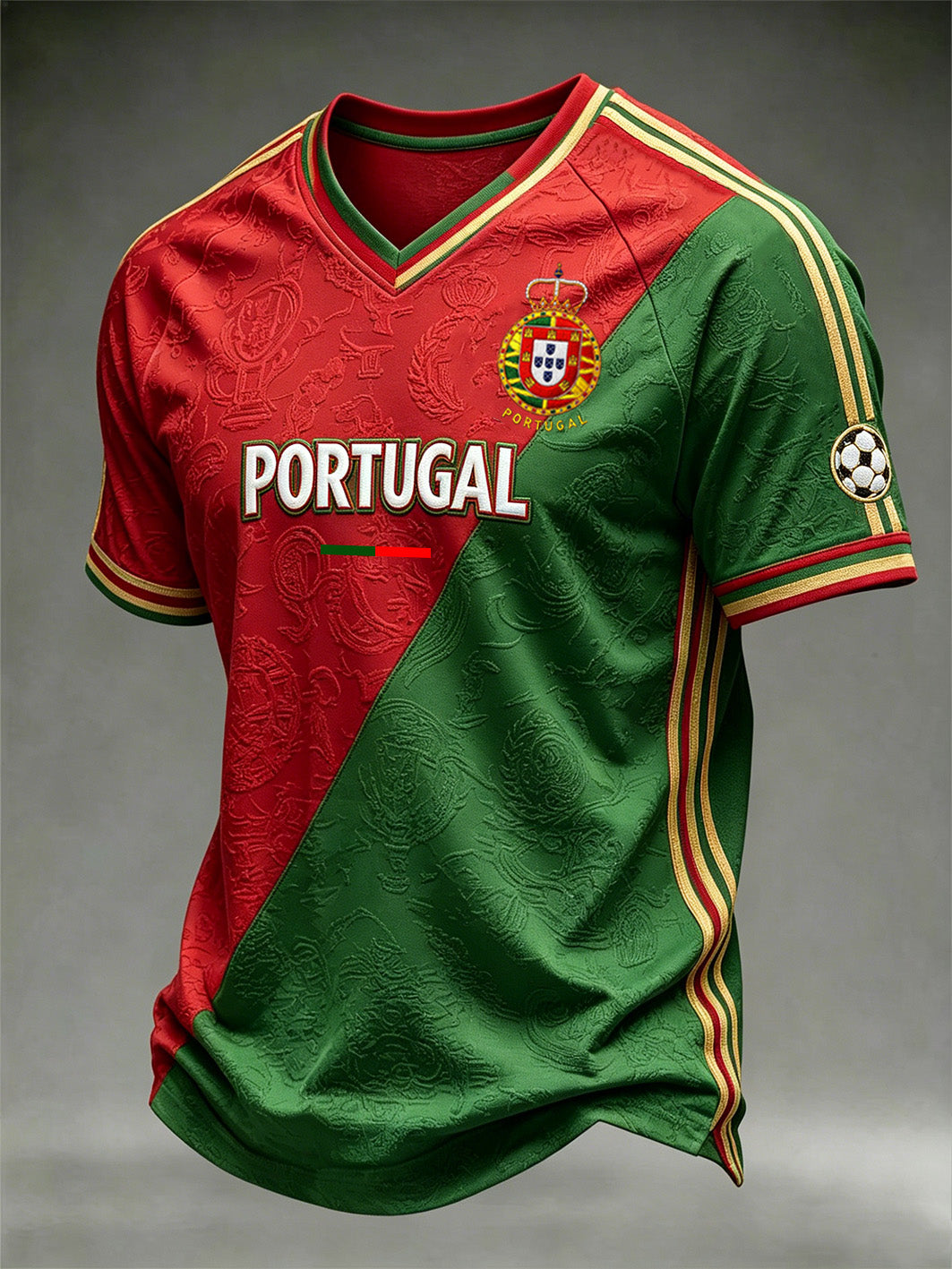 Men's red and green clash color design football pattern element V-neck T-shirt