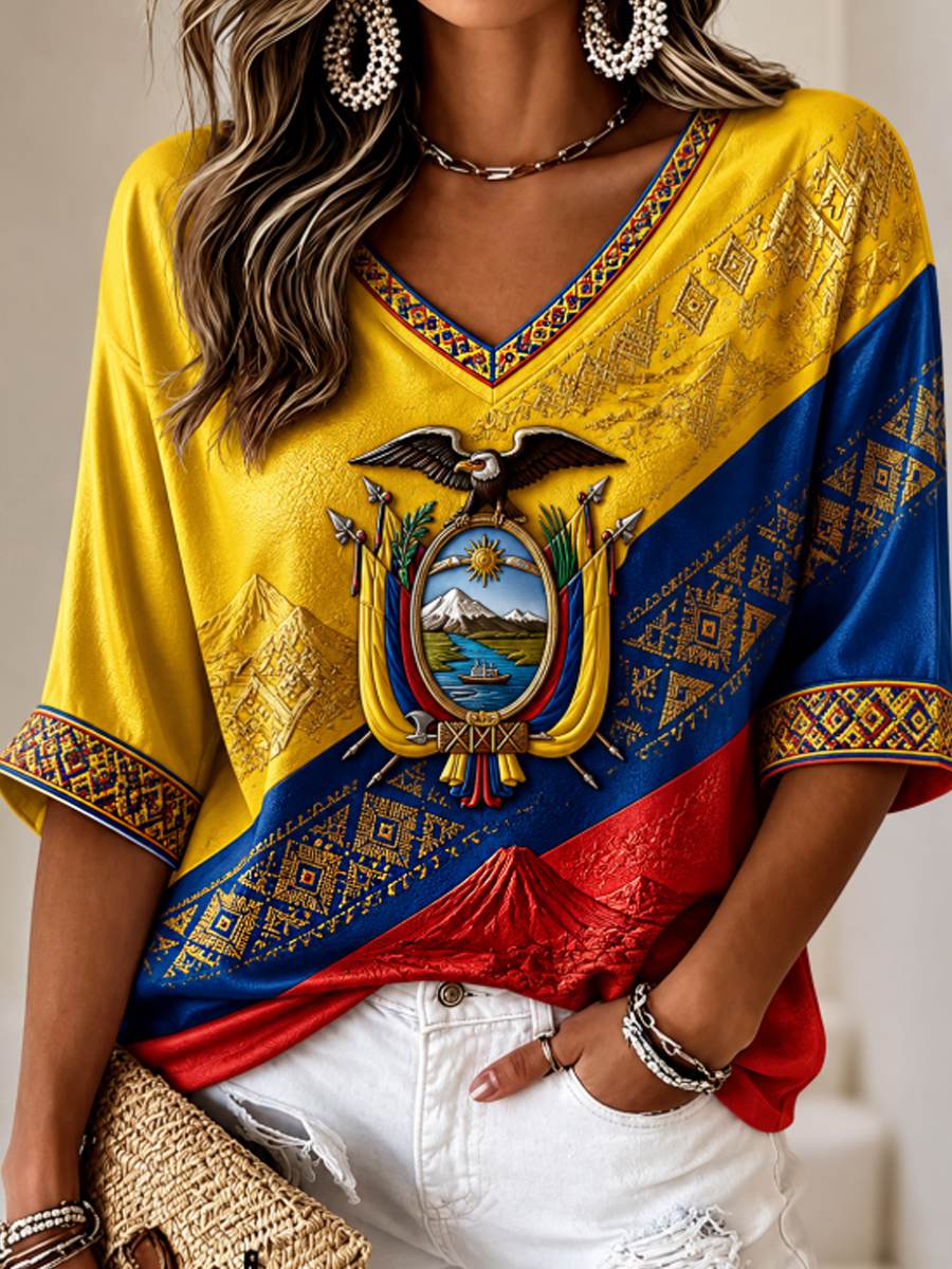 Women's Mid-length Sleeves V-Neck T-Shirt