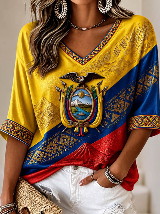 Women's Mid-length Sleeves V-Neck T-Shirt