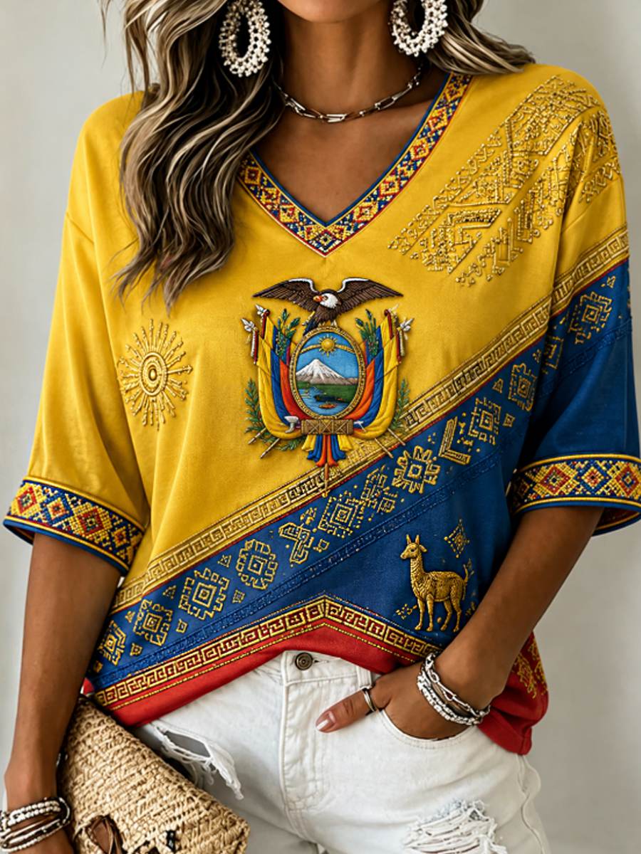 Women's Mid-length Sleeves V-Neck T-Shirt