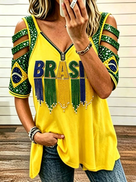 Women's V-neck zipper T-shirt