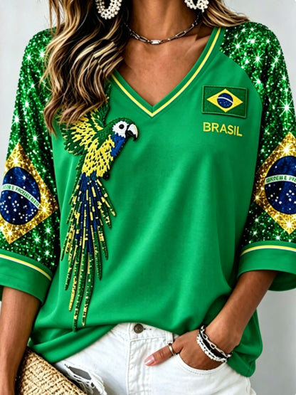 Women's Mid-length Sleeves V-Neck T-Shirt